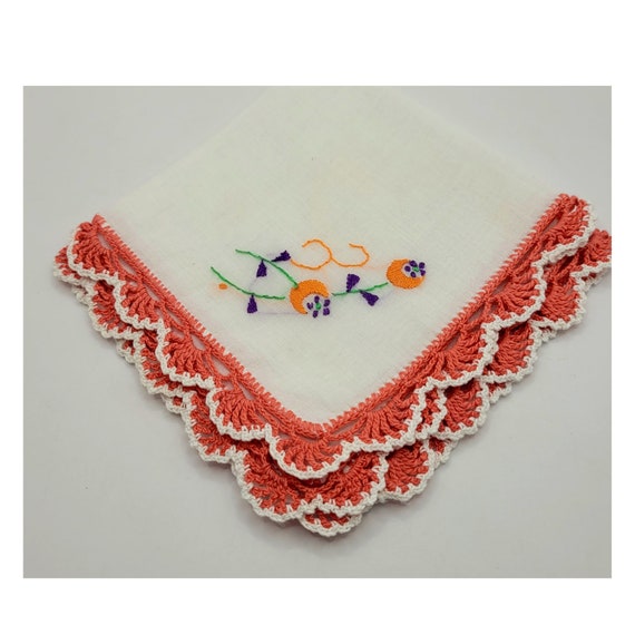 Vintage Embroidered Hanky with Crochet Lace Border - image 3