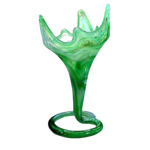 Green Swirl Trumpet with Coiled Base Vase, Vintage Green Glass Vase