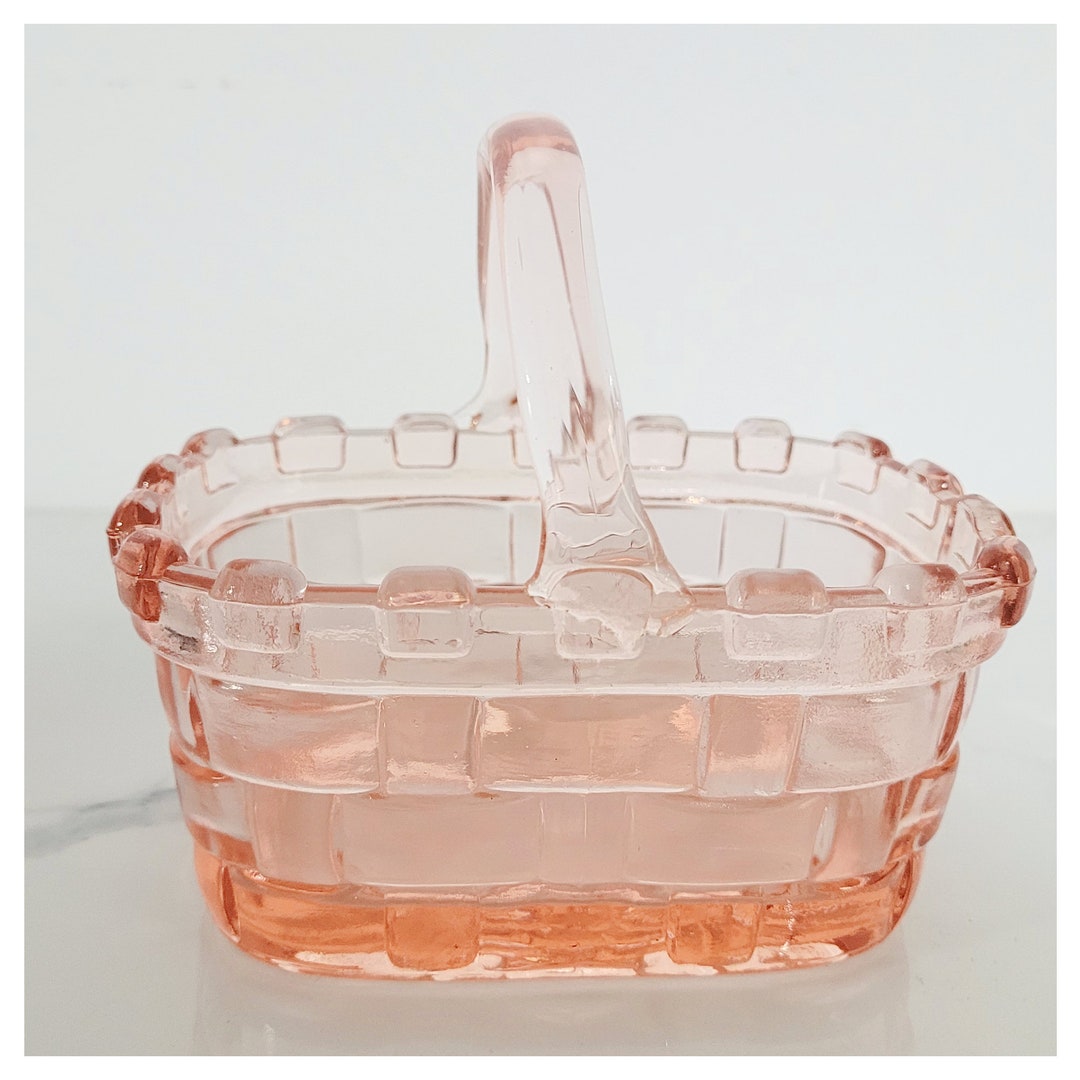 Vintage Pink Glass Basket, Pink Woven Glass Basket With Applied Handle