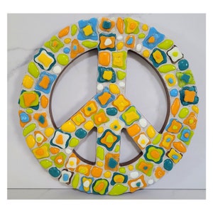 Retro Mosaic Peace Sign, Fused Glass Mosaic Peace Sign, BOHO Wall Art, Hand Cut and Kiln Formed Retro Glass Mosaic