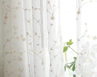 Paar Blumen Stickerei Sheer Vorhang |Leinen Textur Sheer Fenstervorhang | Benutzerdefinierte Größe Floral Embroidery Vorhang Panels