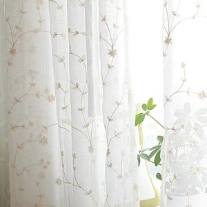 Pair of Flower Embroidery Sheer Curtain |Linen Texture Sheer Window Curtain | Custom Size Floral Embroidery sheer curtain panels