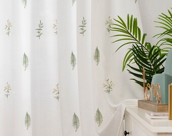 Leaves Floral Embroidery Pattern Sheer Curtain |Semi-Sheer Window Curtain | Custom size Tropical style sheer curtain | 1 Panel