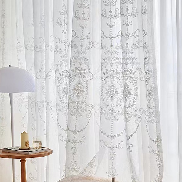 Paar | Viktorianischer Stil weiße Spitzenvorhänge | Luxus Vintage Spitzenvorhang für Wohnzimmer | Benutzerdefinierte Größe Romantische Spitze Gardinen