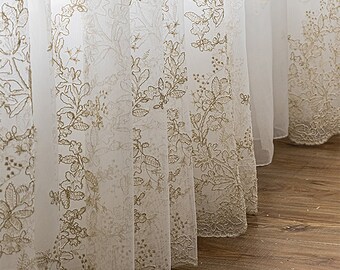 A Pair Elegant Lace Sheer Curtain|Semi Sheer Curtain|Fancy bedroom curtains|Custom size Embroidered Golden Lace Curtain 2 Panels