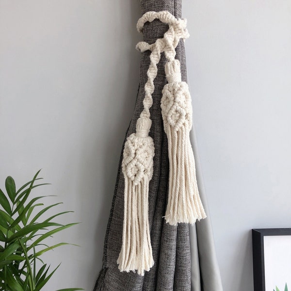 La paire | Embrasses de rideaux bohèmes en macramé | Rideau tissé bohème en corde de coton naturel | Décoration de fenêtre