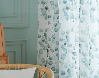 Green Leaves Pattern Sheer Curtain| Custom Size Leaf Pattern fabric curtain panel for living room & bedroom curtain| 1 panel