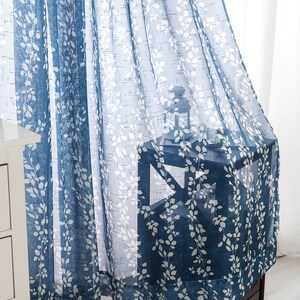 Pair of | Blue Leaf sheer curtain | Leaves Pattern sheer curtain panels | Custom Size Leaf Pattern curtain for kitchen living room 2 Panels