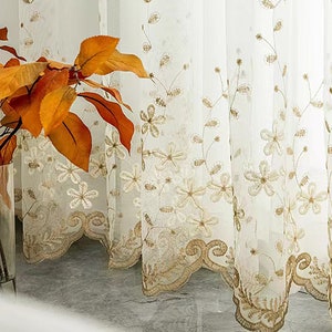 Rustic Flower sheer curtain | Semi Sheer Floral Curtain | Custom Size Elegant kitchen sheer curtain panels | A Pair