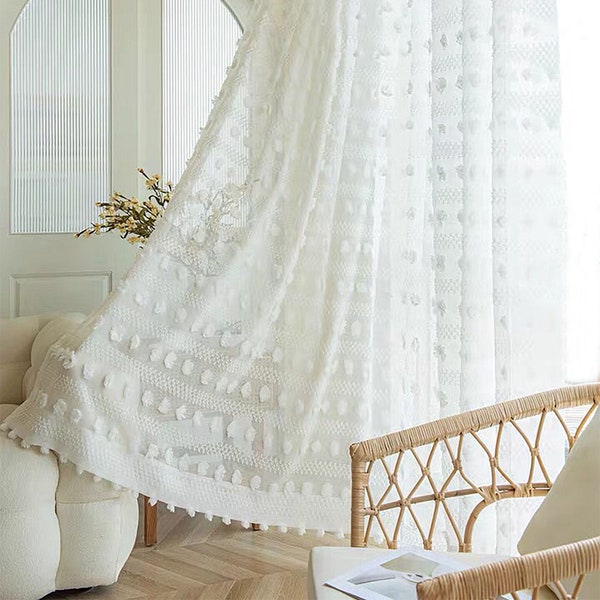 Bohemian Style White Sheer Curtain|Pom Pom BOHO Sheer Curtain| Custom size pom pom textured bohemian style curtain| 1 panel