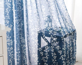 Paire de | Rideau transparent Feuille bleue | Panneaux de rideaux transparents à motif feuilles | Rideau à motif de feuilles de taille personnalisée, pour cuisine, salon, 2 panneaux