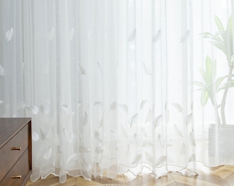 Embroidered Feathers Sheer Curtain |Semi-Sheer Window Curtain | Custom size White Yarn Light filtering voile window drapes | 1 Panel