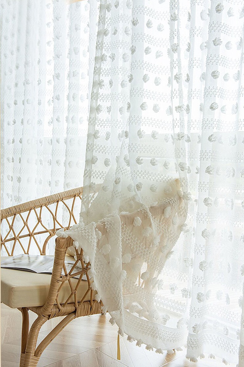 Voilage blanc style bohème Rideau transparent BOHO à pompons Rideau texturé à pompons de style bohème personnalisé 1 panneau image 2