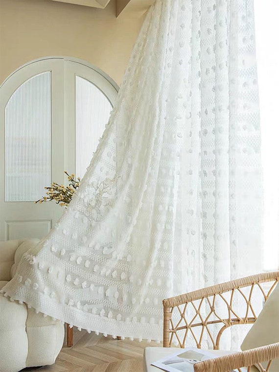 Bohemian Style White Sheer Curtainpom Pom BOHO Sheer Curtain