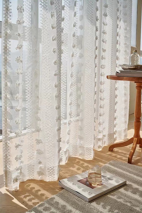 Cortina corta para ventana pequeña, algodón blanco, flores botánicas,  bordadas con pompones blancos, borlas, panel de ventana, cortinas de media