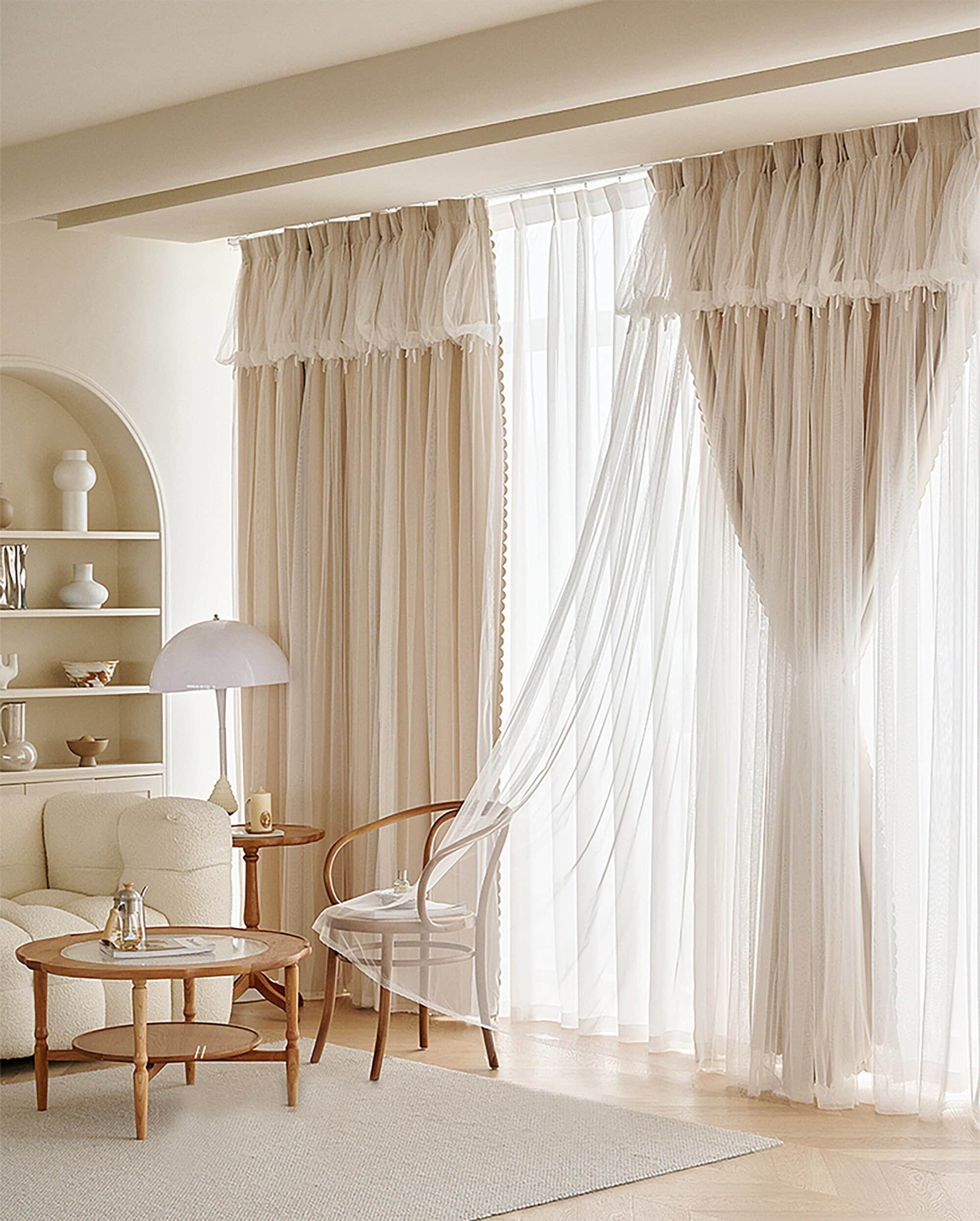 Double Layer Retro Ruffle Sheer Curtain With Blackout Curtain Etsy