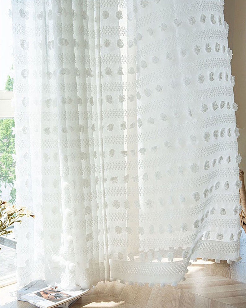 Voilage blanc style bohème Rideau transparent BOHO à pompons Rideau texturé à pompons de style bohème personnalisé 1 panneau image 5