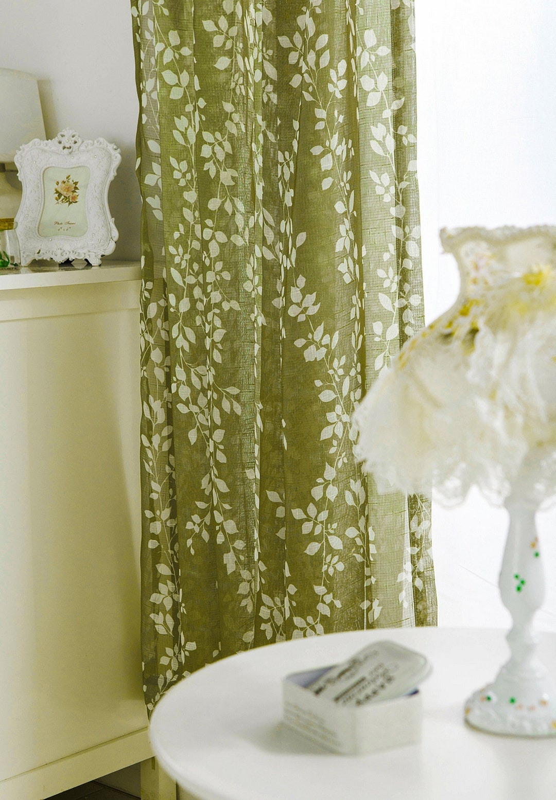 Pair of Green Leaf Sheer Curtain Leaves Pattern Sheer Curtain Panels Custom Size Leaf Pattern