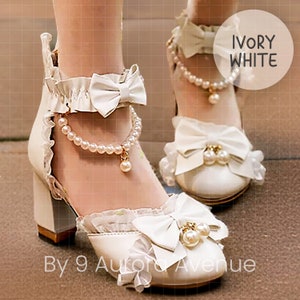 Femboy Shoes Crossdresser Shoes Sissy Shoes Transgender Shoes High Heel Mary Jane Style Women's Shoes For Men LGBTQ Maid Pearl lace ruffles bow white 9