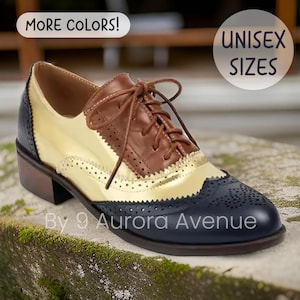 Vintage Two-Tone Wing Tip Brogue Oxford Shoes For Men And Women In Brown, Black, White, Red, Pink, Blue, Gold And Green Colors