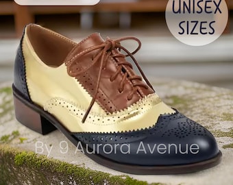 Vintage zweifarbige Flügel Spitze Brogue Oxford Schuhe für Männer und Frauen in den Farben Braun, Schwarz, Weiß, Rot, Rosa, Blau, Gold und Grün