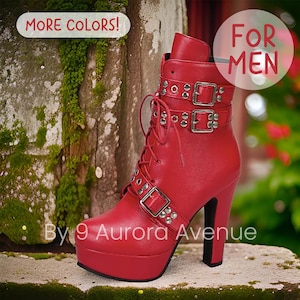 Transwoman schoenen, enkellange laarzen met gespen, klinknagels, crossdresser schoenen Drag Queen Sissy Femboy schoenen grote maten transvrouw cadeau