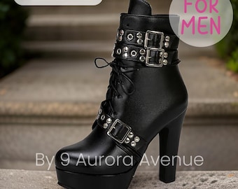 Plus Size Shoes For Men Extra Large Ankle Length Boots Buckles Straps Rivets, Femboy Shoes, Crossdresser Shoes, Rave Transgender MTF Shoes