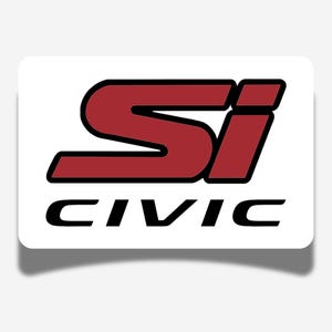 May include: A rectangular decal featuring the red text Si in a bold, stylized font positioned above the word CIVIC written in black, sans-serif capital letters. The design is set against a solid white background with rounded corners.
