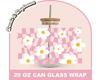Retro Floral Checkers Can Glass Wrap, 20 oz Retro Libbey Full Wrap Svg, Retro Flower Can Glass Wrap, Retro Can Glass Svg, Libbey Glass Svg