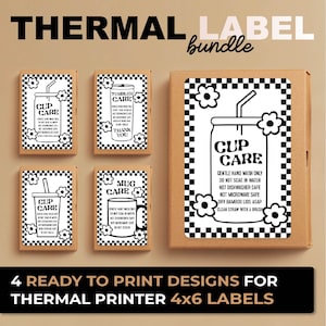 RETRO Cup Care Thermal PNG, Cup Care Sticker Thermal Label Png, Bundle of 4 Thermal Label Designs, Floral Thermal Printer PNG For Munbyn