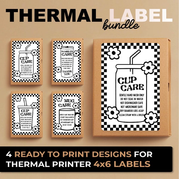 RETRO Cup Care Thermal PNG, Cup Care Sticker Thermal Label Png, Bundle of 4 Thermal Label Designs, Floral Thermal Printer PNG For Munbyn