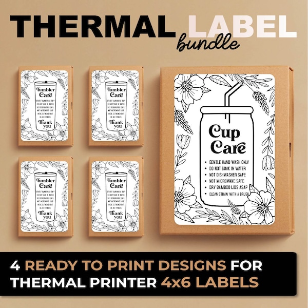 FLORAL Cup Care PNG Bundle, Cup Care Sticker Thermal Label Png, Bundle of 4 Thermal Label Designs, Floral Thermal Printer PNG For Munbyn