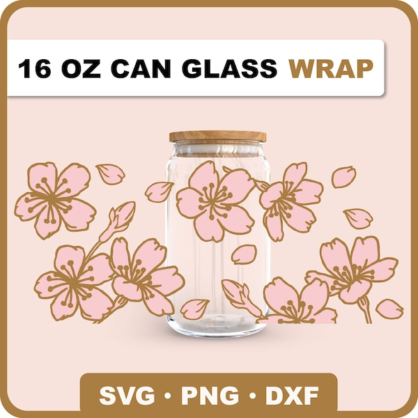 Cherry Blossom Glass Wrap Svg, 16 oz Libbey Full Wrap Svg, Cherry Flower Can Glass Wrap, Floral Can Glass Svg, Flower Libbey Glass Svg