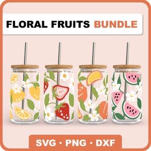 4er-Set Blumenfrüchte können Glasverpackungen einsparen, 16 Unzen Libbey Glasanhänger, Sommerfrüchte Svg, Obstkaffeetassen Svg, Sommer Libbey Glasverpackungen