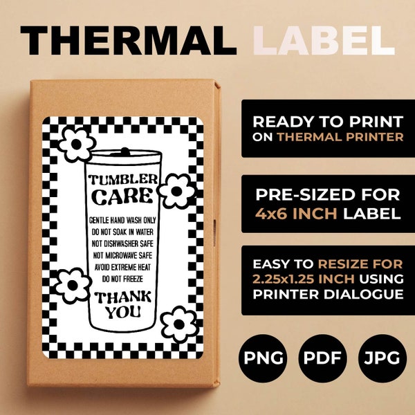 RETRO Tumbler Care Card Thermal PNG, Tumbler Care Thermal Printer Label, Tumbler Care Instructions Sticker PNG For Thermal Label Printers