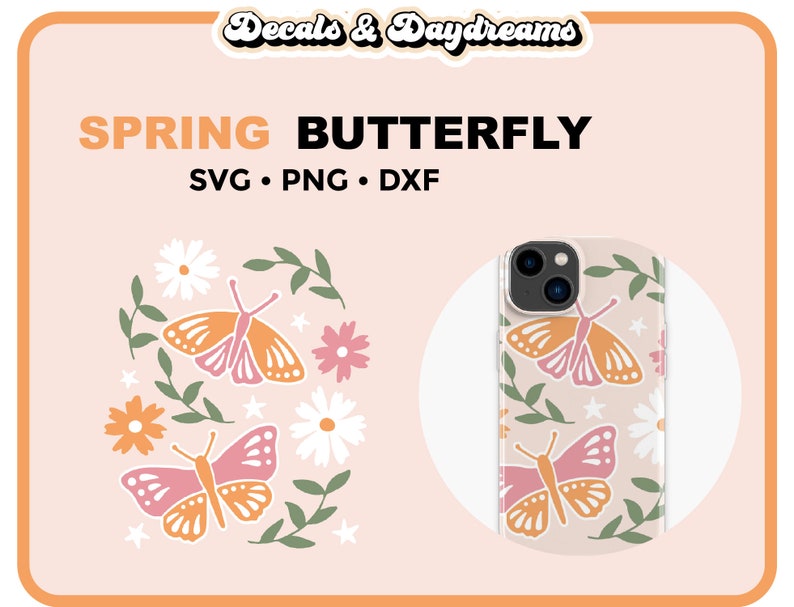 May include: A phone case with a spring butterfly design. The case features a white background with pink and orange butterflies, green leaves, and white flowers. The text "SPRING BUTTERFLY" is at the top of the image.