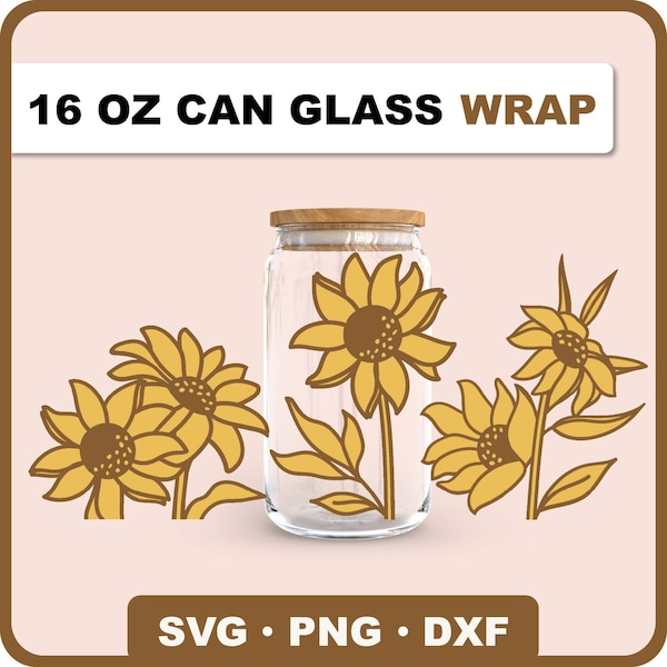 Sunflower Layered Can Glass Wrap Svg, 16 oz Sunflower Libbey Full Wrap Svg, Floral Can Glass Wrap, Flower Can Glass Svg, Libbey Glass Svg