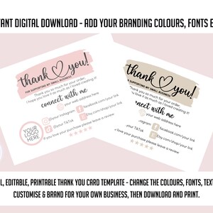 May include: A pink and beige thank you card template with a handwritten font. The card says "thank you!" and includes a heart symbol. The card also includes a place for your logo, social media links, and a review section.