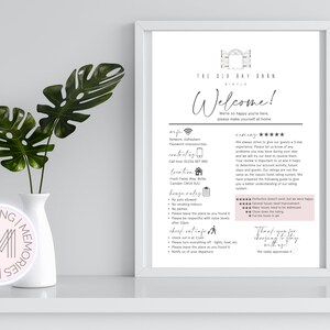 Szablon znaku powitalnego A4 Airbnb, edytowalny szablon wynajmu nieruchomości dla gospodarza, znak Wi-Fi Airbnb, zasady domu, szczegóły dotyczące wymeldowania, 5-gwiazdkowa recenzja