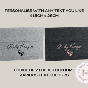May include: Two felt folders, one grey and one black, with the text "Baby Kenyon" and a footprint design. The folders are 41.5 cm by 28 cm. The text is in black on the grey folder and pink on the black folder.