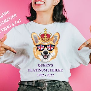 Camiseta do Jubileu de Platina da Rainha 1952-2022 Celebração 70 Anos Rainha Engraçado Corgi Dog Union Jack Óculos de sol Design de sublimação PNG SVG