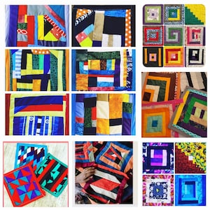 May include: A collection of colorful, handmade fabric art pieces. The image showcases various patchwork designs, featuring squares and rectangular shapes in a variety of colors and patterns. The textiles appear to be sewn together, creating a unique, artistic display.