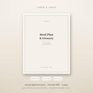 Può includere: Un modello digitale di piano alimentare e lista della spesa con sfondo beige e testo scuro. Il documento presenta il titolo Meal Plan & Grocery, il marchio Linen & Logic e il testo plan meals willy, less waste, less stress.