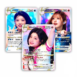 May include: Three collectible trading cards featuring images of young women. The cards have a white border and include text such as "Moka VSTAR", "Minju VSTAR", and "Wonhee VSTAR". Each card has a different point value and special abilities.