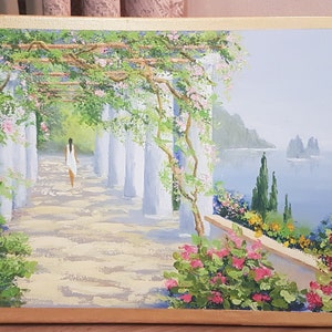 Acrylic art Painting on Canvas.Paletteknife. Nature. Sea. Greece. Architecture  12x16 inches