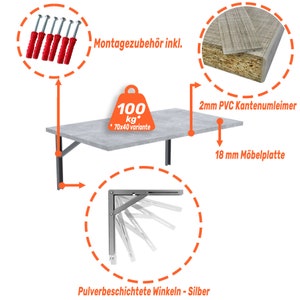 BÉTON Table murale Table pliante murale Table de cuisine Table de cuisine Bureau mural Table à manger de nombreuses dimensions Petite table murale pliable image 5