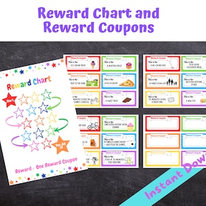 Kids Reward Chart and Reward Coupons, INSTANT DOWNLOAD - Print at home. Pre-filled and Blank Coupons, Behaviour Chart, Reward Vouchers