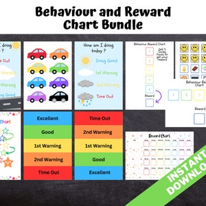 May include: A set of printable behaviour and reward charts for children. The charts feature different themes, including traffic lights, cars, weather, and smiley faces. The charts are designed to help children learn about good behaviour and earn rewards for positive actions. The text on the charts includes "How am I doing today?", "Time Out", "2nd Warning", "1st Warning", "Doing Good", "Excellent", "Good", "Reward Chart", "Get 5 Smiley Faces to get your Reward", "Behaviour Reward Chart", and "Instant Download".