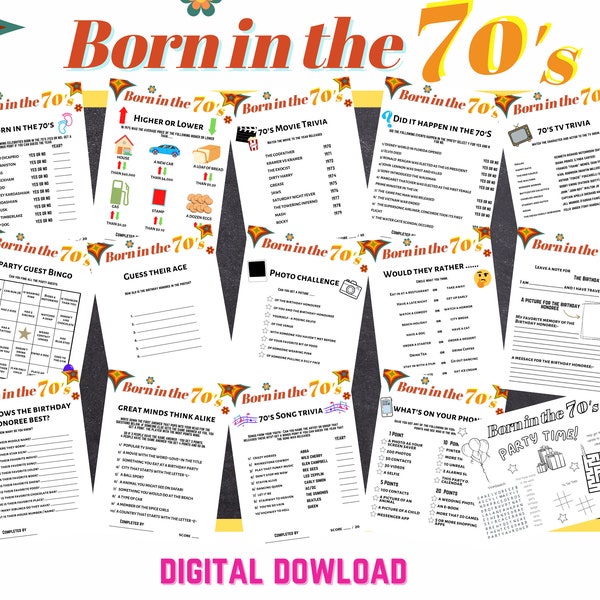 Born in the 70s Birthday Party Games, Seventies Quiz, 70s Trivia, Music Quiz | Guest Book, Printable Digital Download