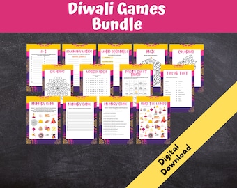Può includere: Un pacchetto di giochi a tema Diwali, tra cui pagine da colorare, cruciverba, labirinti e giochi di memoria. I giochi presentano disegni colorati con testo come "Diwali Games Bundle", "Digital Download" e "Happy Diwali".